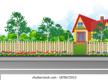 Landscape with a small house surrounded by garden, with a wooden fence and a grill gate in a realistic style. Vector illustration.