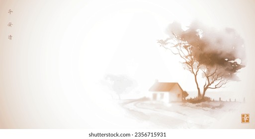 Landscape with a small house under a large tree.Traditional oriental ink painting sumi-e, u-sin, go-hua. Hieroglyphs - peace, tranquility, clarity, happiness. Minimalist style.