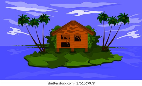 Landscape of a small island in the middle of a cool ocean with a small house - Vector