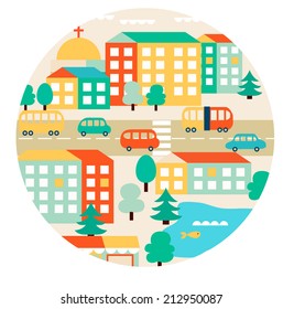 Landscape With Small Town. Vector Illustration.