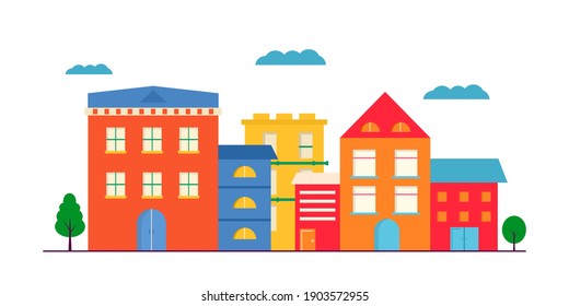 Landscape of Small trendy modern houses facade with window, garage, balcony and roof. Exterior of building apartment with trees. Vector cityscape illustration. simple background 