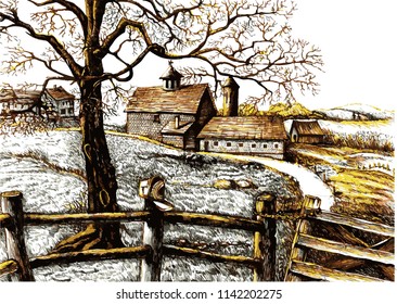 Landscape of a small village. In the foreground there is a tree, in the background of the field and the building. Vector illustration. Can be used as a print.
