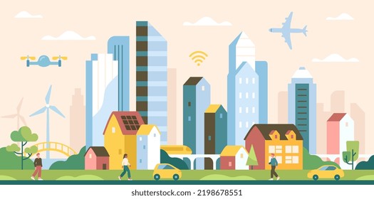 Landscape of smart modern city. Poster with houses, skyscrapers, people walking, drones, planes flying in sky, cars and green parks. Design element for banner. Cartoon flat vector illustration