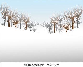 landscape of snow mountain with dry trees vector. clear sky scape with fresh air in winter season.
