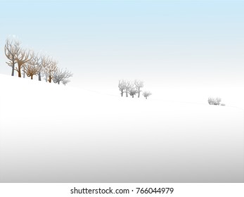 landscape of snow mountain with dry trees vector. clear sky scape with fresh air in winter season.