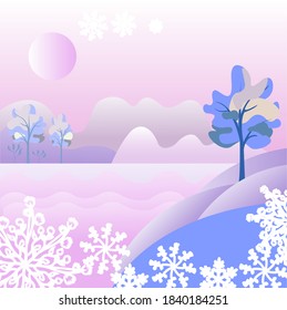Paisaje con nieve. Ilustración vectorial del invierno. Ilustración vectorial para papel pintado, tarjeta, decoración, banners. 