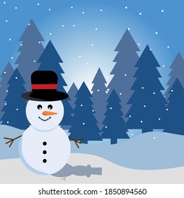 Landschaft mit Schnee im Winter mit Schneemann und Kiefern im Hintergrund