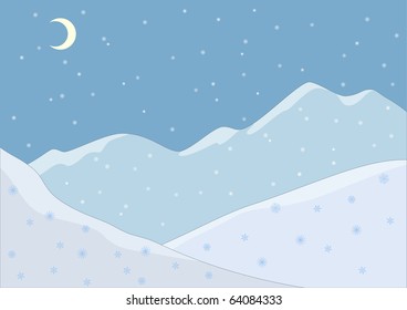 Landscape. Snow-covered mountains and falling snow. Night