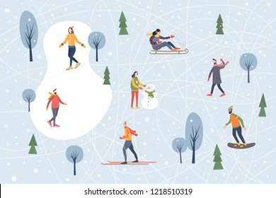 Landscape with snow-covered trees and walking people. Winter outdoor activities and sports. Skating, skiing, snowboarding, sledding. Happy winter holidays. Festive seasonal vector illustration.