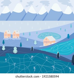 Landscape with snow-covered trees and walking people. Winter outdoor activities and sports. ice skating winter landscape. Happy winter holidays. seasonal vector illustration.