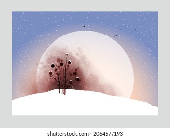 Landscape with snowfall, tree in snow covered field and big moon in the sky. Traditional oriental ink painting sumi-e, u-sin, go-hua