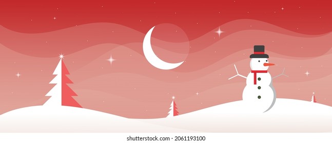 Landscape with snow-filled areas.3d abstract pastel paper cut illustration of winter landscape with cloud,pines and mountains.Cartoon snowman with snow.Christmas.Bright moon. moon background.snowflake