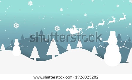 Landscape with snow-filled areas.3d abstract pastel paper cut illustration of winter landscape with cloud,pines and mountains.house and santa claus flying.Happy New Year and Merry Christmas background