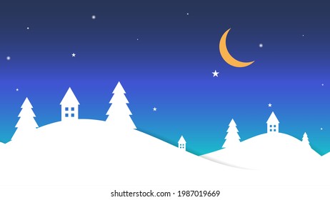 Landscape with snow-filled areas.abstract pastel paper cut illustration of winter landscape with cloud.Happy New Year and Merry Christmas background.Vintage town at night.Bright moon and shooting star