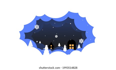 Landscape with snow-filled areas.abstract pastel paper cut illustration of winter landscape with cloud.Happy New Year and Merry Christmas background.Vintage town at night.Bright moon and shooting star
