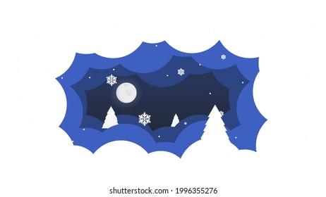 Landscape with snow-filled areas.abstract pastel paper cut illustration of winter landscape with cloud.Bright moon and shooting star.Winter mountain Christmas landscape with fir trees and snowflakes