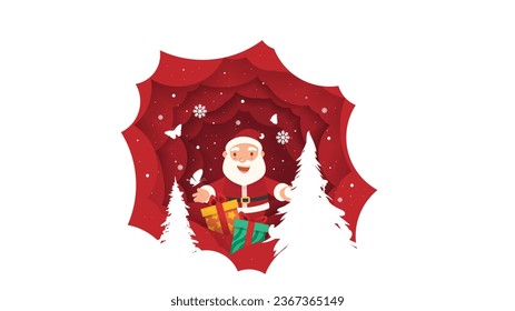 Landscape with snow-filled areas.christmas card paper art concept, Santa claus on night sky with gift, snow, star, christmas tree, poster, christmas invitation card and happy new year festival.
