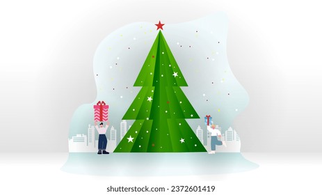 Landscape with snow-filled areas.christmas card paper art concept, Santa claus on night sky with gift, snow, star, christmas tree, poster, christmas invitation card and happy new year festival.