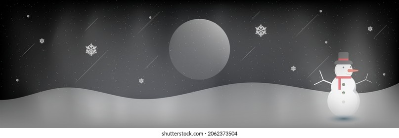 Landscape with snow-filled areas.pines and mountains.Cartoon snowman with snow.moon of night.Christmas Meteor Wallpaper.Halloween.Bright moon and shooting star.Bright moon. moon background.postal card