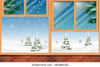 landscape of snowing at the wooden window