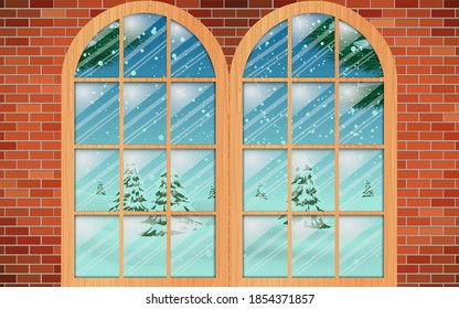paisaje de nieve en la ventana de madera