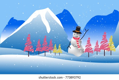 Landscape with snowman with pine and snow.