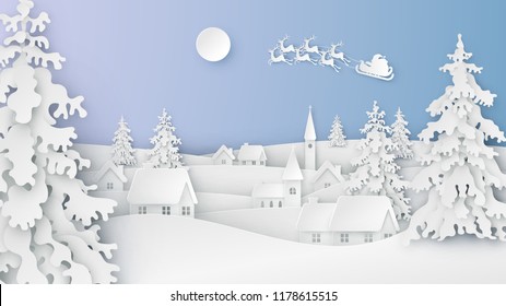 Landscape of snowy countryside and Santa Claus flying on the sky in winter. Merry Christmas and Happy New Year. paper art design. vector, illustration.