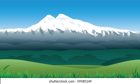 Landscape with snowy Mount Elbrus.