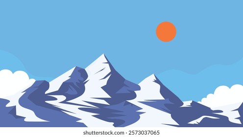 Landscape snowy mountain range with red sun, mountain peak background