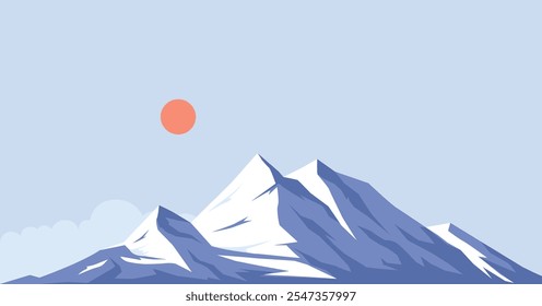 Landscape snowy mountain range with sun