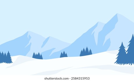 Landscape of snowy mountain scenery. Panoramic view of mountainside with snowy hill and pine trees. Vector illustration of scenic majestic mountain in winter season