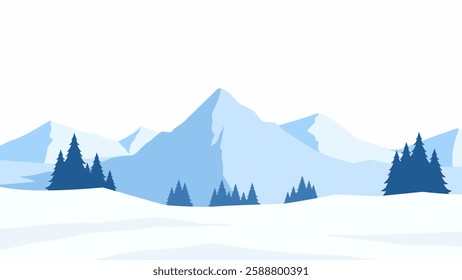 Landscape of snowy mountain scenery. Panoramic view of mountainside with snowy hill and pine trees. Vector illustration of scenic majestic mountain in winter season