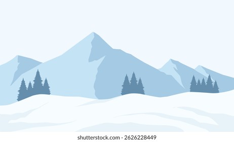 Landscape of snowy mountain scenery. Panoramic view of mountainside with snowy hill and pine trees. Vector illustration of scenic majestic mountain in winter season