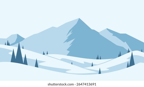 Landscape of snowy mountain scenery. Panoramic view of mountainside with snowy hill and pine trees. Vector illustration of scenic majestic mountain in winter season