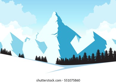 Landscape with snowy mountains. Background for design of advertising the travel in mountains
