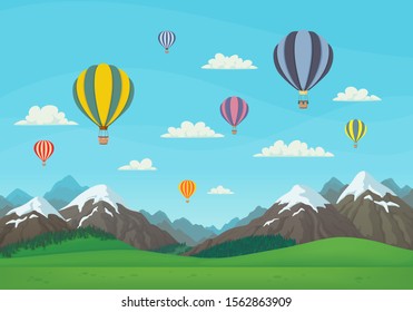 Landscape with snowy mountains, green meadows, spruce forest, colorful hot air balloons, clouds and blue sky. Cartoon style vector illustration.