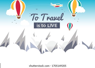 Landscape with snowy mountains, hot air balloons, clouds