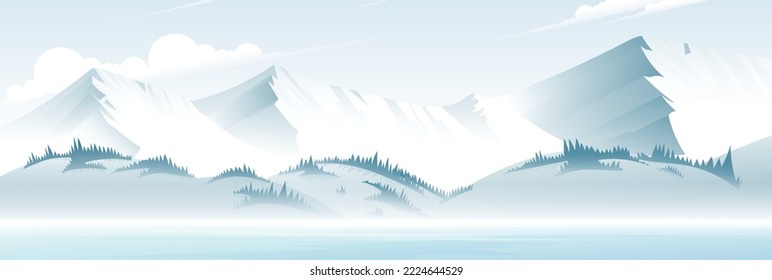 Landschaft mit schneebedeckten Bergen und Kiefernwäldern im Winter.
