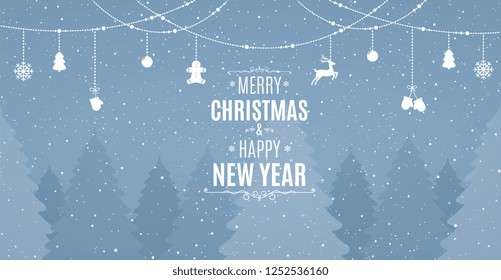 Landscape with snowy pines, firs, coniferous forest, falling snow and hanging Christmas decorations. Festive winter forest Merry Christmas and Happy New Year.