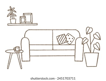 Landscape with sofa, table and houseplants_color