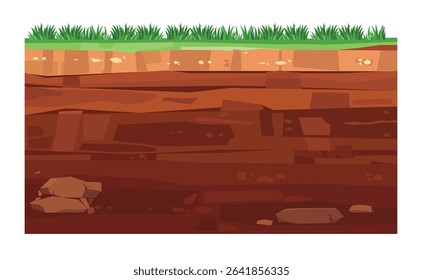 landscape of soil layers in the grassland with various rocks and mud	
