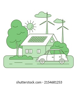 Landscape with solar panels on the roof, wind turbines and an electric car. Vector isolated illustration of conceptual idea of energy saving in filled outline style green color.