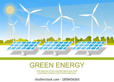 Landscape with solar panels and wind turbines. Renewable, clean, green energy concept banner design. Flat style vector illustration. Place for text
