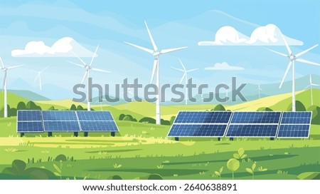Landscape with solar panels and wind turbines under a clear sky