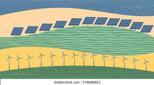 Landscape with solar panels and windmills. Nature, ecology, organic, environment banners. Save the planet and energy concept. Abstract banner of clean green environment. Flat vector  cartoon style