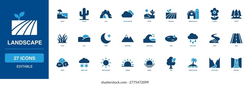 Landscape solid icon set featuring beach, cactus, cave, cloudy weather, desert farm, field silo, flower, forest grass, hills, moon, mountains, ocean wave, pond and rain