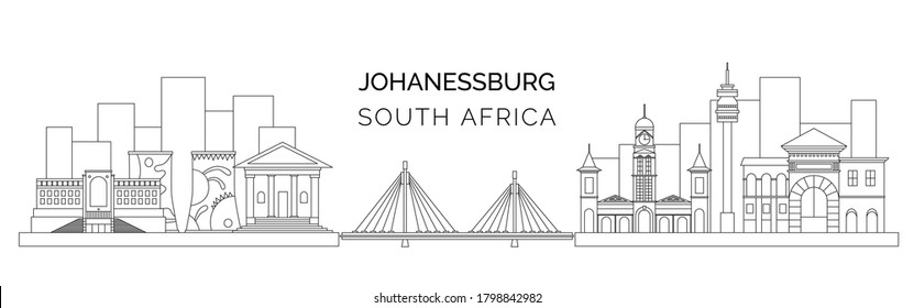 Landscape Of South Africa Johannesburg. Vector Outline Of Buildings And Bridge Of Johannesburg City. Vector Illustration For Your Graphic Design.