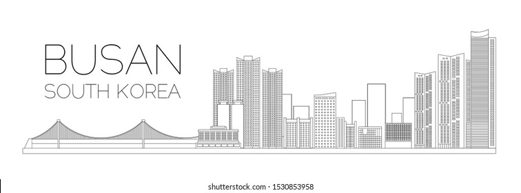 Landscape of South Korea Busan. Vector outline of buildings and bridge of Busan. Vector illustration for your graphic design.