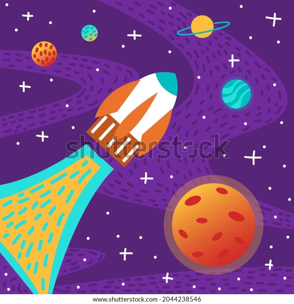 Landscape of space and galaxy with spaceship\
on purple\
background.