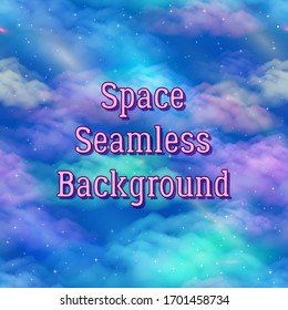 Landscape, Space Seamless Background with Blue and Pink Clouds and Stars, Tile Pattern for Your Design. Vector